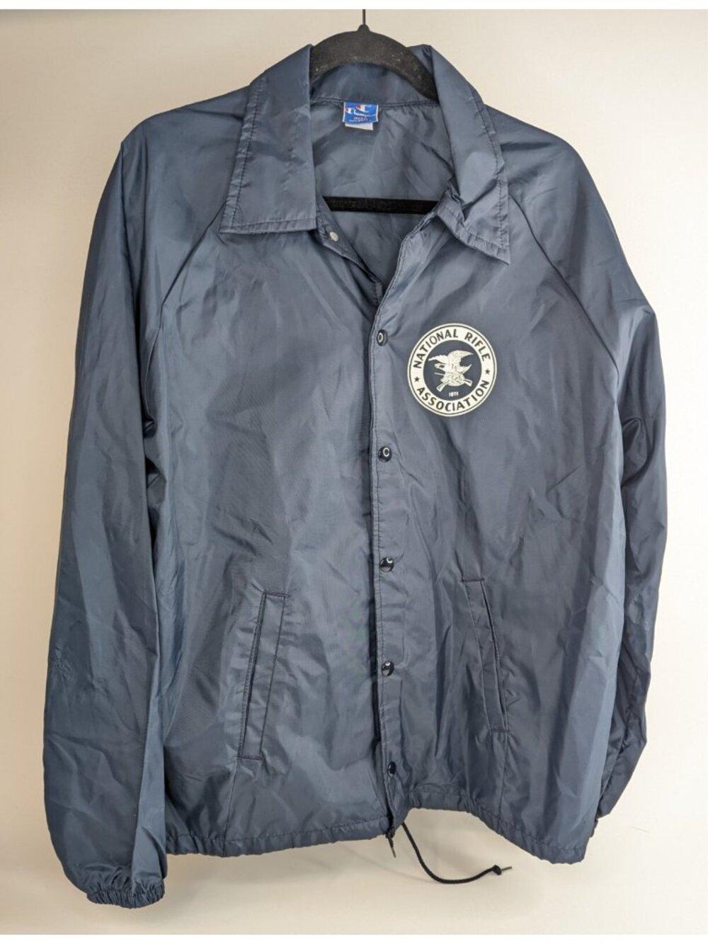 NRA Windbreaker Mens Large Champion Navy Blue Jacket Snap Up 1980s Vintage Gun